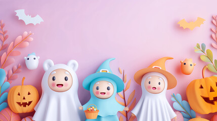 Naklejka premium Three kids in cute costumes enjoy Halloween with autumn decorations, including pumpkins and playful bats in a vibrant setting