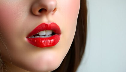 Fototapeta premium A close-up of a woman's face with full, red lips and dark hair