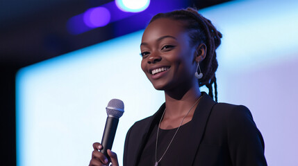 Uma mulher negra sorrindo com o microfone na mão discursando em um evento de tecnologia 