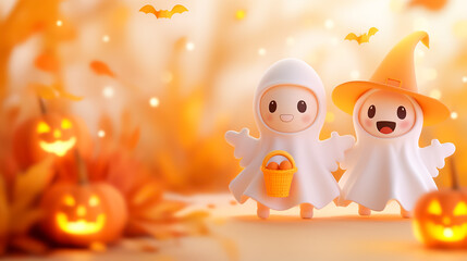 Two adorable characters, one dressed as a ghost and the other as a witch, joyfully celebrate Halloween with festive pumpkins and autumn decorations around them