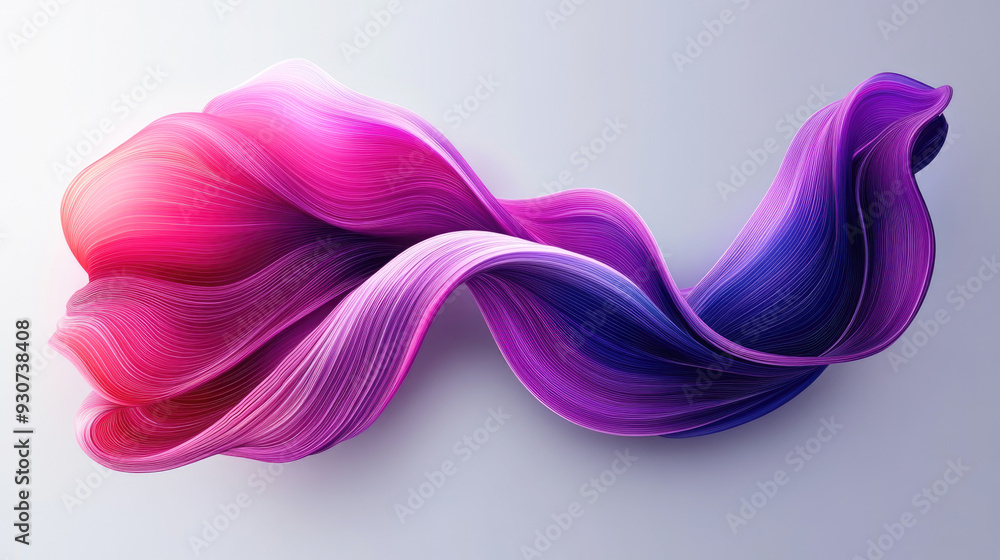 Poster an abstract artwork featuring a flowing ribbon-like structure in shades of pink and purple, visually