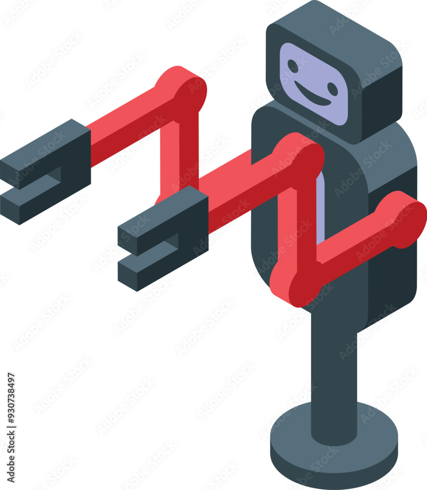 Poster industrial robot holding something with three arms isometric view isolated on white background