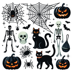 Spooky Halloween vector illustrations, black and orange, decorations and celebrations