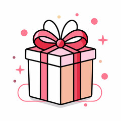 Illustration of a gift box with a ribbon, simple line art, flat design, white background, pink color details, vector graphics, cute style, pastel colors, gift box with red ribbon vector art 