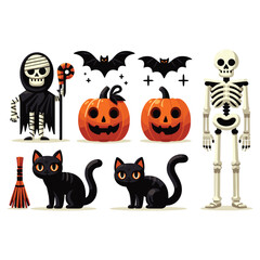 Obraz premium Halloween cartoon characters vibrant illustrated with black cats, pumpkins, bats for festive decor