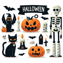 Halloween themed illustration with spooky icons in orange and black, perfect for holiday decor