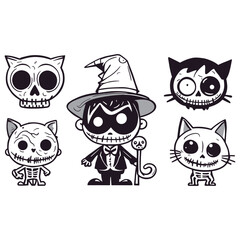 Creepy halloween character and pet skull vector illustration black and white spooky decor