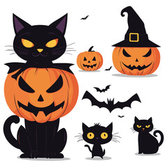 Halloween black cats with pumpkins and bats on white background, spooky festive decoration