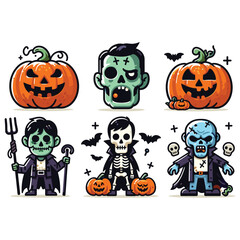 Cartoon Halloween characters illustration in vibrant colors, festive and spooky, perfect for seasonal decoration