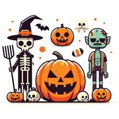 Cartoon skeleton and zombie characters on white background, Halloween decoration design
