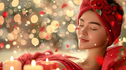 Korean woman in red towel relaxing in spa massage, candle, flower, towel composition, spa background
