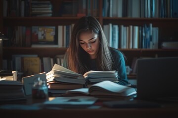 'A teen girl is seated at her desk, surrounded by various digital textbooks on a screen, studying for her high school classes.'