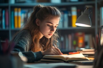 'A high school girl sits at her desk, surrounded by digital textbooks, focused on her studies.'
