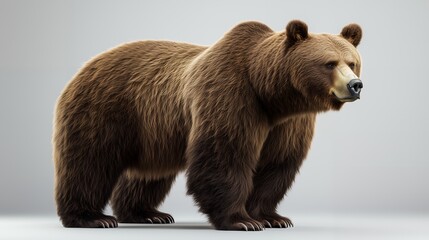 Obraz premium A realistic brown grizzly bear standing in profile against a clean, neutral grey studio background.