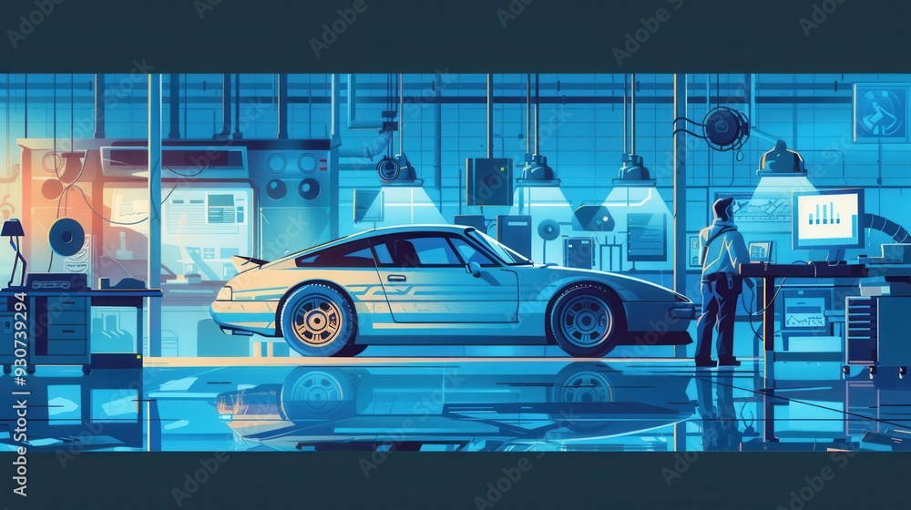 Poster A mechanic is using a computer to diagnose issues while working on an engine repair in an automotive workshop. Generative AI