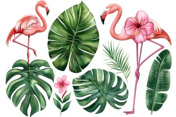 A colorful arrangement of tropical leaves and flamingos in a natural setting