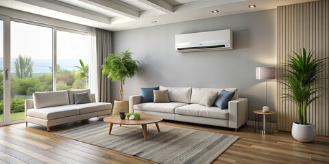 Modern indoor wall-mounted inverter ductless air conditioning unit with sleek design and digital display, efficiently cooling a spacious contemporary living room.