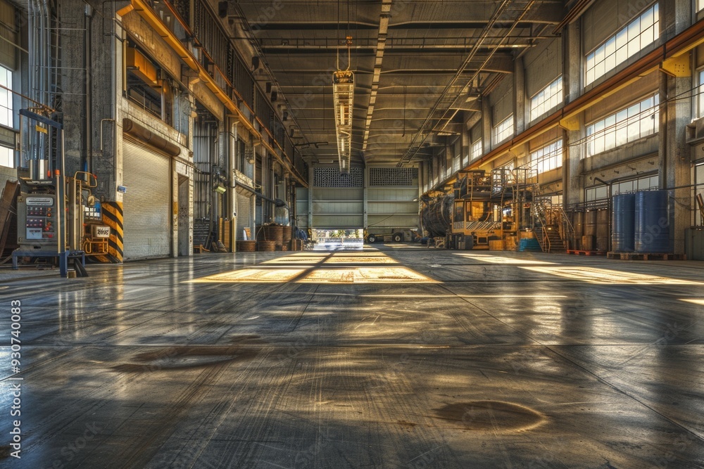 Poster a large industrial building complex with many windows