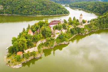 Aerial view of castle Zvikov. Gothic castle over Orlik dam, Czech republic, European union.