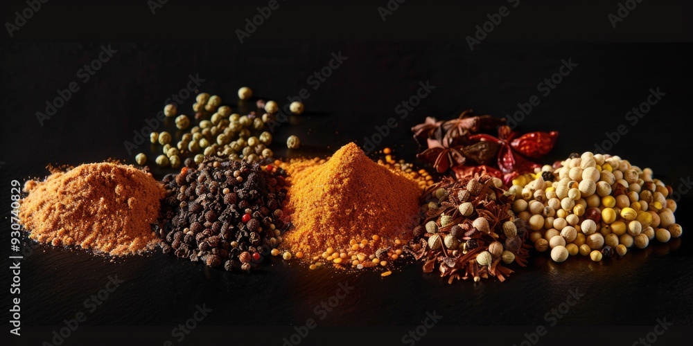Poster A selection of spices arranged on a dark background