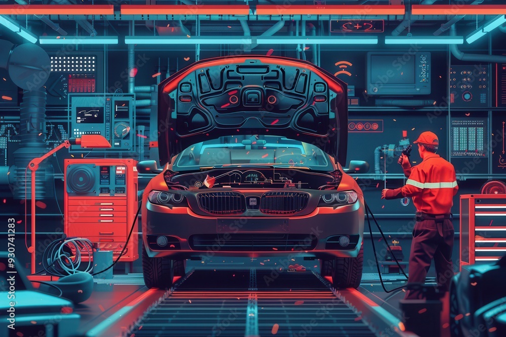 Poster a mechanic is using diagnostic tools to assess a car's engine while performing repairs in a well-equ