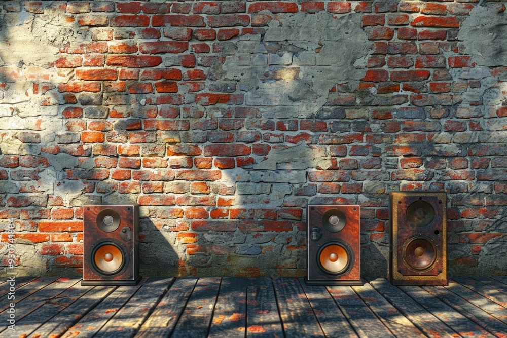 Poster a brick wall with three speakers installed in front of it