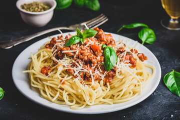 Spaghetti with bolognese sauce and parmesan cheese