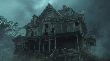 Obraz premium Creepy victorian house with broken windows is shrouded in fog, creating an eerie and mysterious atmosphere for halloween