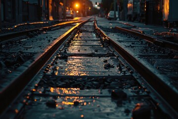 Obraz premium Train track with water puddles and reflection