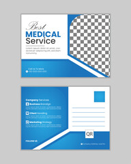  Corporate modern medical postcard design template layout, blue color 