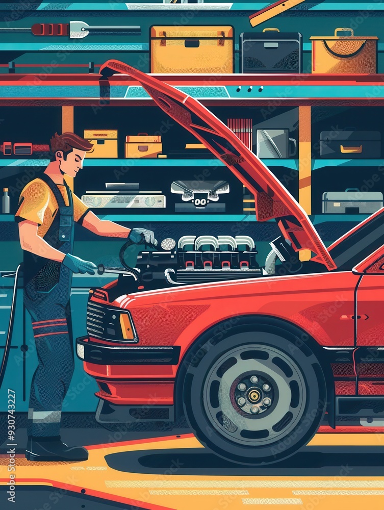 Aufkleber a mechanic is conducting a computer diagnosis on a red car while performing engine repairs in a well