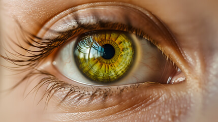 Naklejka premium A closeup shot of a female green eye with long eyelashes illuminated by the daytime sun