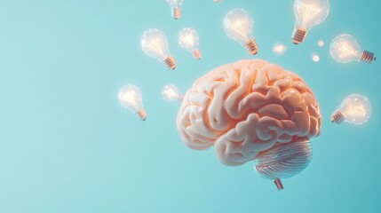 An artistic image of a brain with light bulbs around it, symbolizing creativity and ideas, set against a simple, light turquoise background, emphasizing bright thoughts.