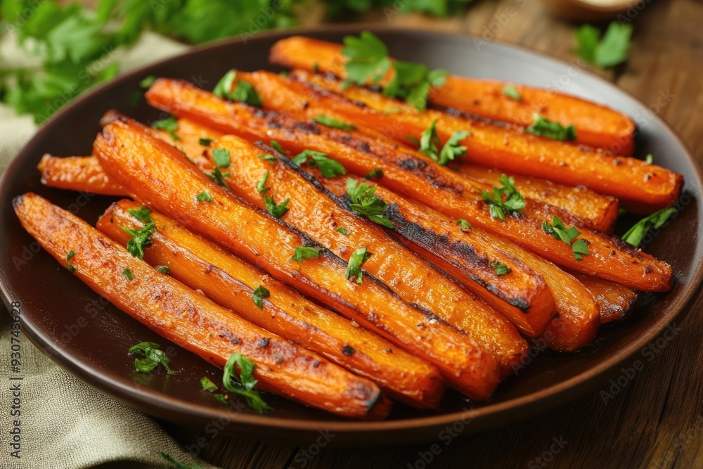 Wall mural honey roasted carrots. fried carrots with green herbs for a delicious autumn dinner dish