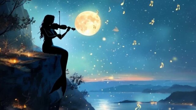 mermaid plays the violin on the rocks at night in the moonlight