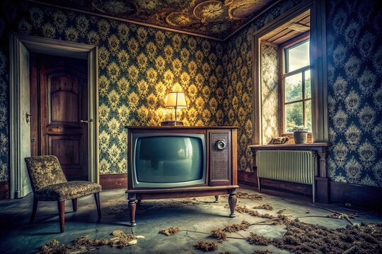 Ominous vintage television set displaying distorted, eerie broadcast in a dimly lit, cramped, and eerie abandoned room with peeling wallpaper and old furniture.