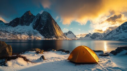 Mountains Snow. Camping Adventure with Tent in Lofoten under Aurora Sky