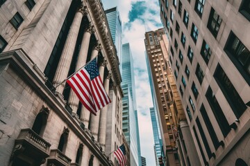 Wall Street, with the American flag flying in front of the buildings Generative AI