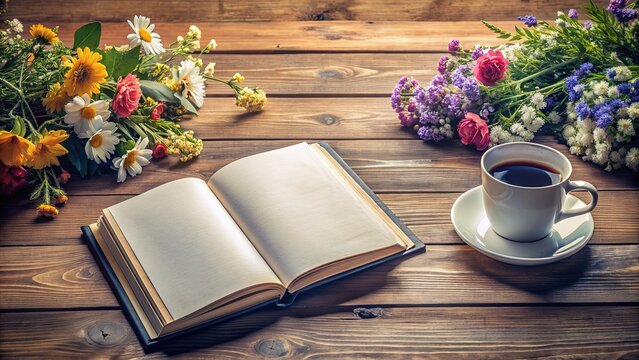 Open book mockup with blank pages lying on a wooden table surrounded by coffee cups and flowers, perfect for adding your own designs or text.