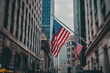 Wall Street, American flag in the background, buildings, New York City photography Generative AI