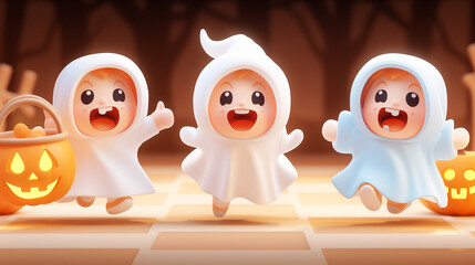 Obraz premium Three cheerful cartoon ghosts in costumes are happily running and celebrating Halloween, each holding a pumpkin bucket filled with goodies