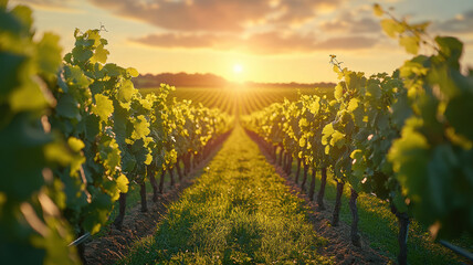 Naklejka premium Bright Vineyard with Green Grass
