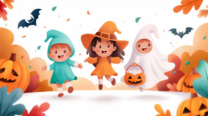 Three children wearing colorful costumes joyfully celebrate Halloween while surrounded by autumn leaves and pumpkins