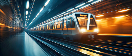 Fototapeta premium High-Speed Metro Train in Modern Underground Tunnel