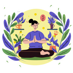 Woman meditating surrounded by plants wellness calmness peaceful nature indoor greenery vibrant colors