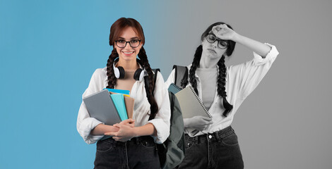 A young student stands confidently, holding several books and wearing headphones. The background features a split color design with blue and gray