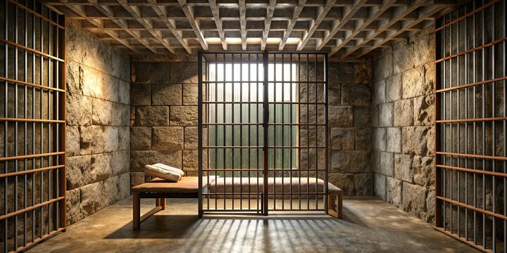 Raster illustration of a prison cell with rusty iron bars and a stone wall, symbolizing confinement, isolation, and punishment in a correctional facility.
