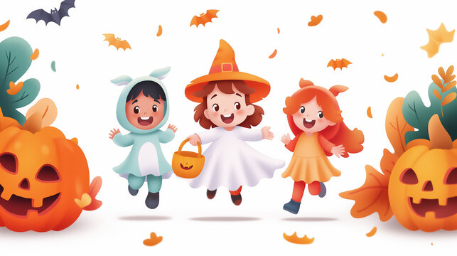 Three joyful kids in costumes play together among colorful autumn leaves and spooky pumpkins, capturing the essence of Halloween festivities