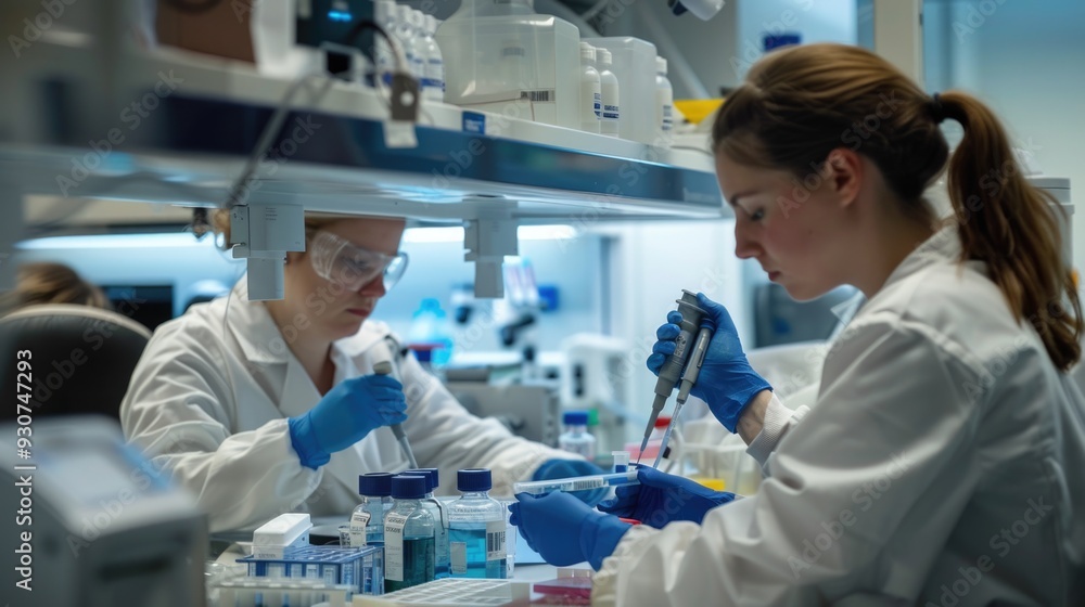 Poster Two scientists in lab coats conducting experiments in a laboratory setting