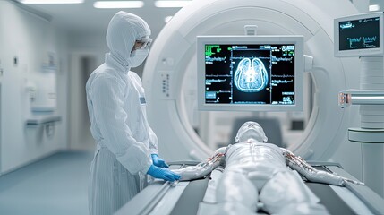 AI-powered medical device scanning a patient, representing future healthcare technology and precision medicine.